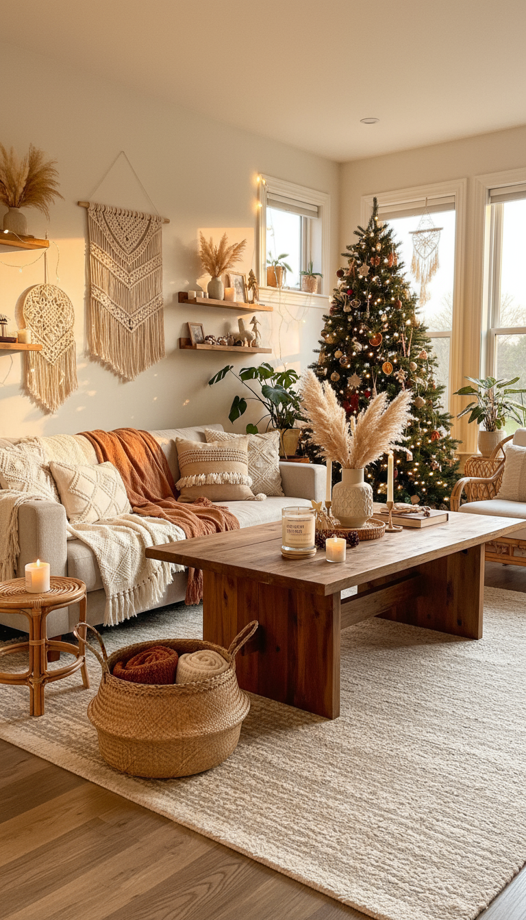 Cozy living room with a Christmas tree, wooden coffee table, and decorative elements.