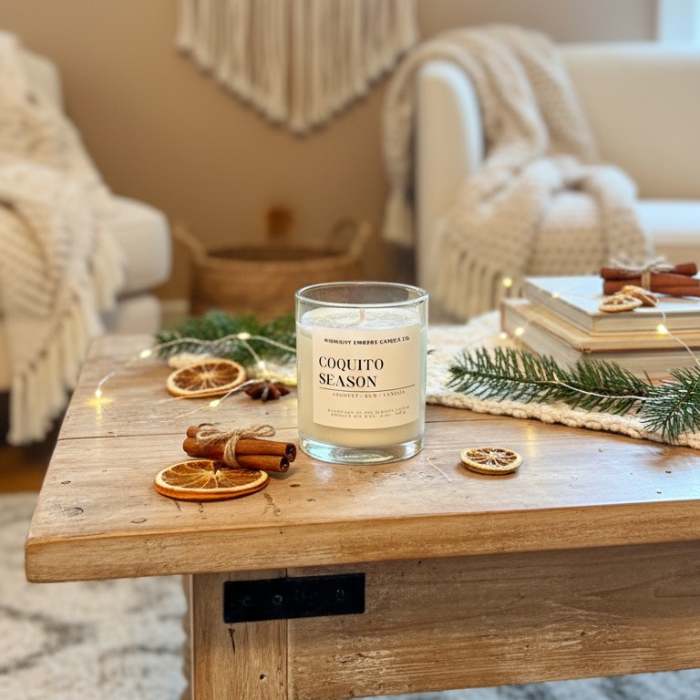Candle on a wooden coffee table with decorative elements in a cozy living room.