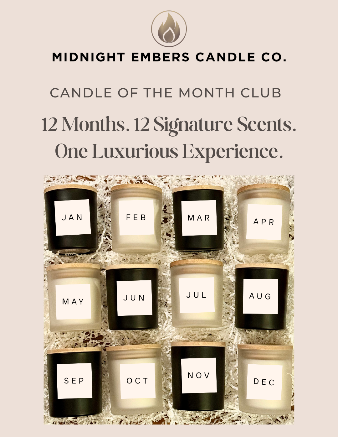 Midnight Embers Candle Co. Monthly Subscription Candle of the Month Club with 12 candles