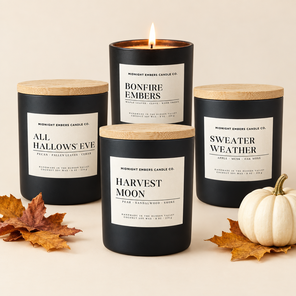 Four black candle jars with light wood lids arranged on a beige surface, with one candle lit in the center-back. The labels read Midnight Embers Candle Co.