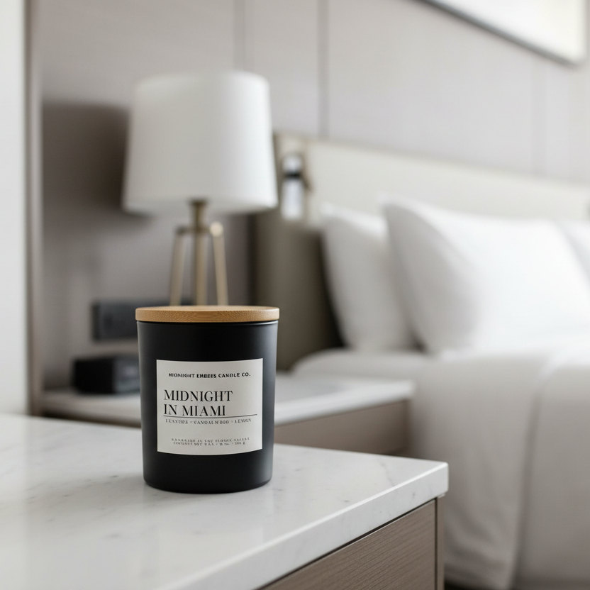 Candle on a nightstand in a bedroom with a bed and lamp in the background