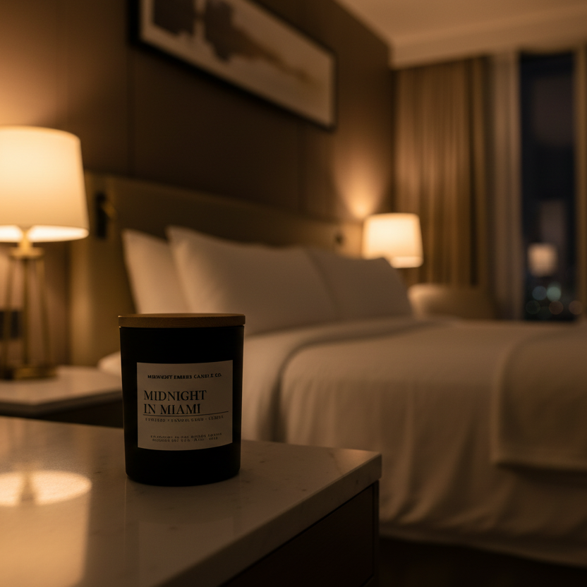 Candle on a nightstand in a bedroom with blurred background