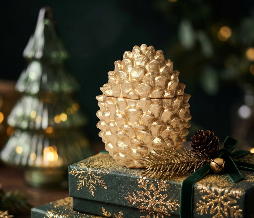 A gold pinecone-shaped decorative container or ornament sits on top of stacked dark green gift boxes with gold snowflake patterns and a dark green ribbon. A small pinecone, gold sprig, and bell rest beside it, with a softly blurred Christmas tree and warm lights in the background.