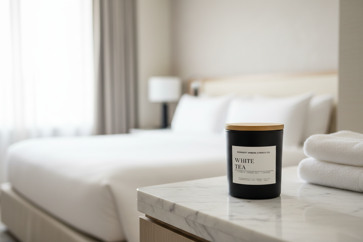 Candle labeled 'White Tea' on a marble nightstand next to a bed in a hotel room.
