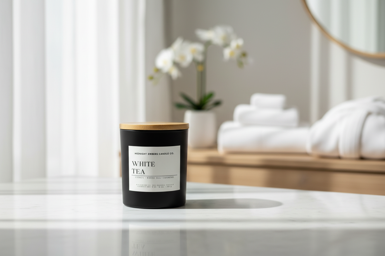 White Tea candle on a bathroom counter with towels and flowers in the background