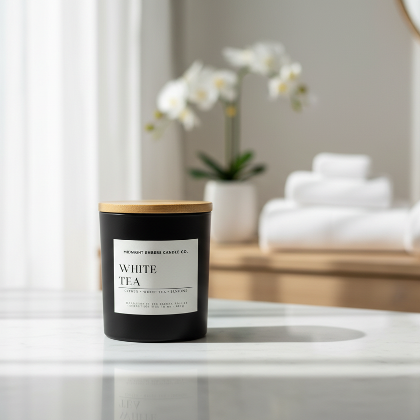 Black candle labeled 'White Tea' on a bathroom counter with a blurred background