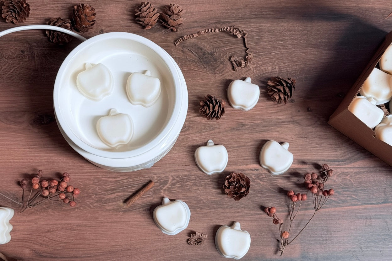 White apple-shaped wax melts arranged on a white dish, with additional apple-shaped wax melts and autumn-themed decor including pinecones, berries, and a cinnamon stick on a wooden tabletop.