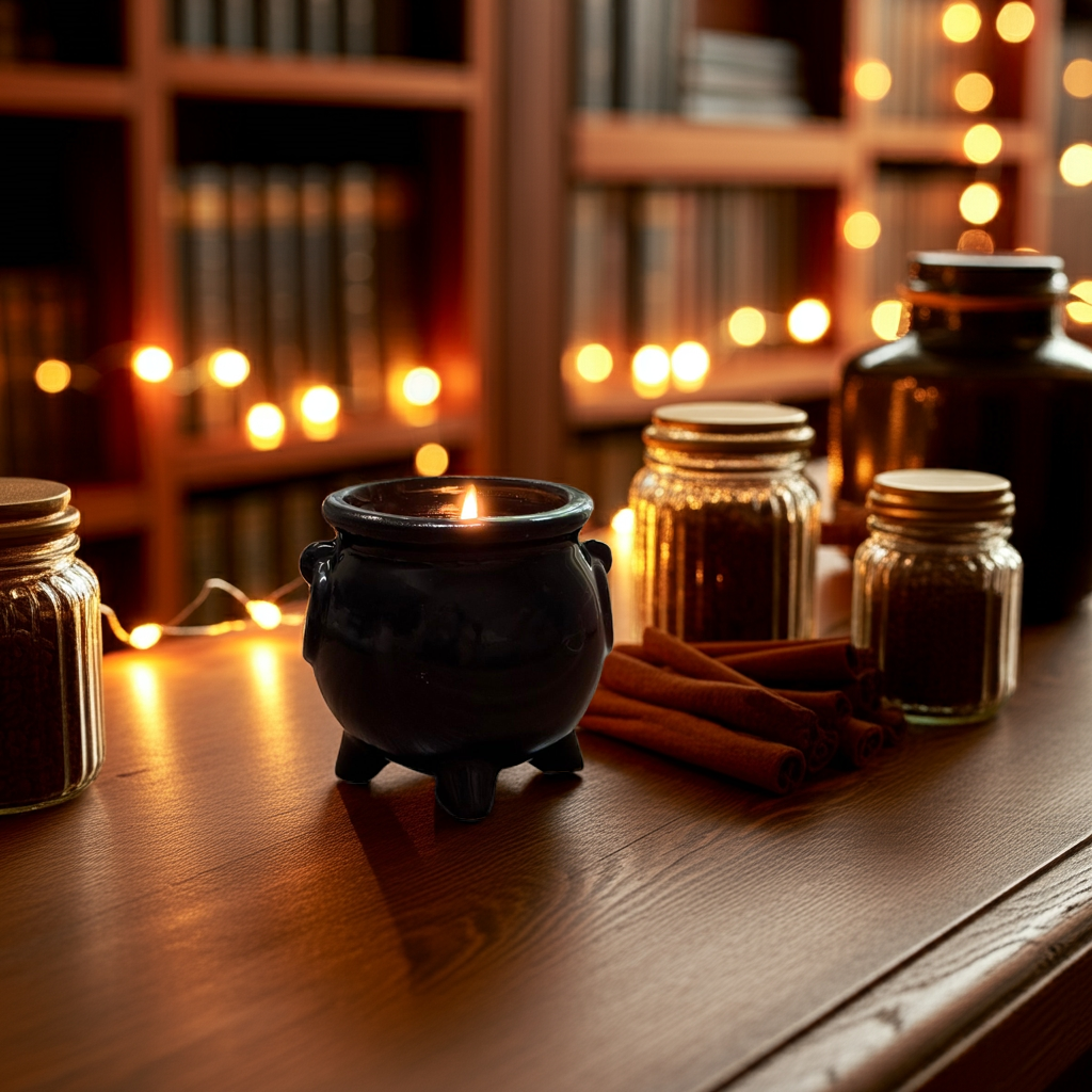 Black cauldron with jars of spices and cinnamon sticks on a wooden surface with blurred bookshelf and lights in the background.