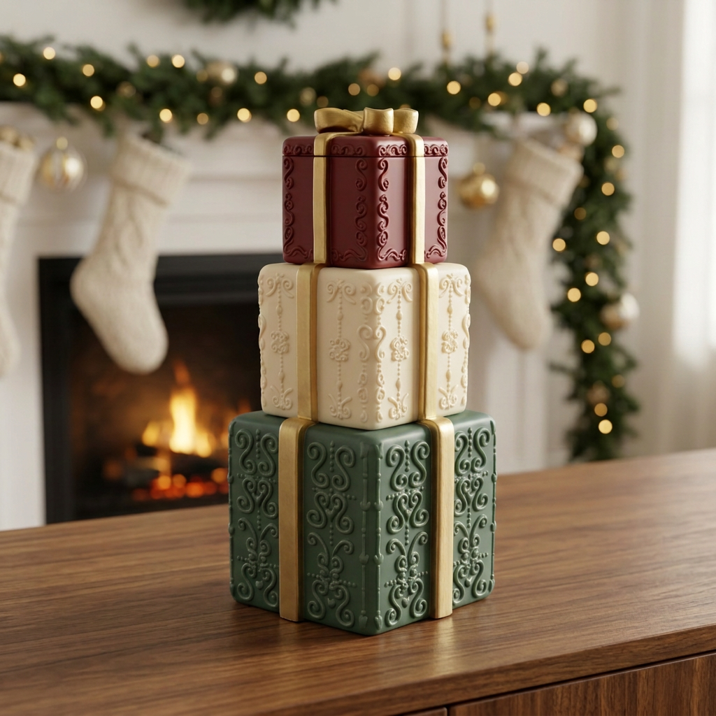 Christmas gift box candle with a darker pine-green bottom box, ivory middle, and maroon top