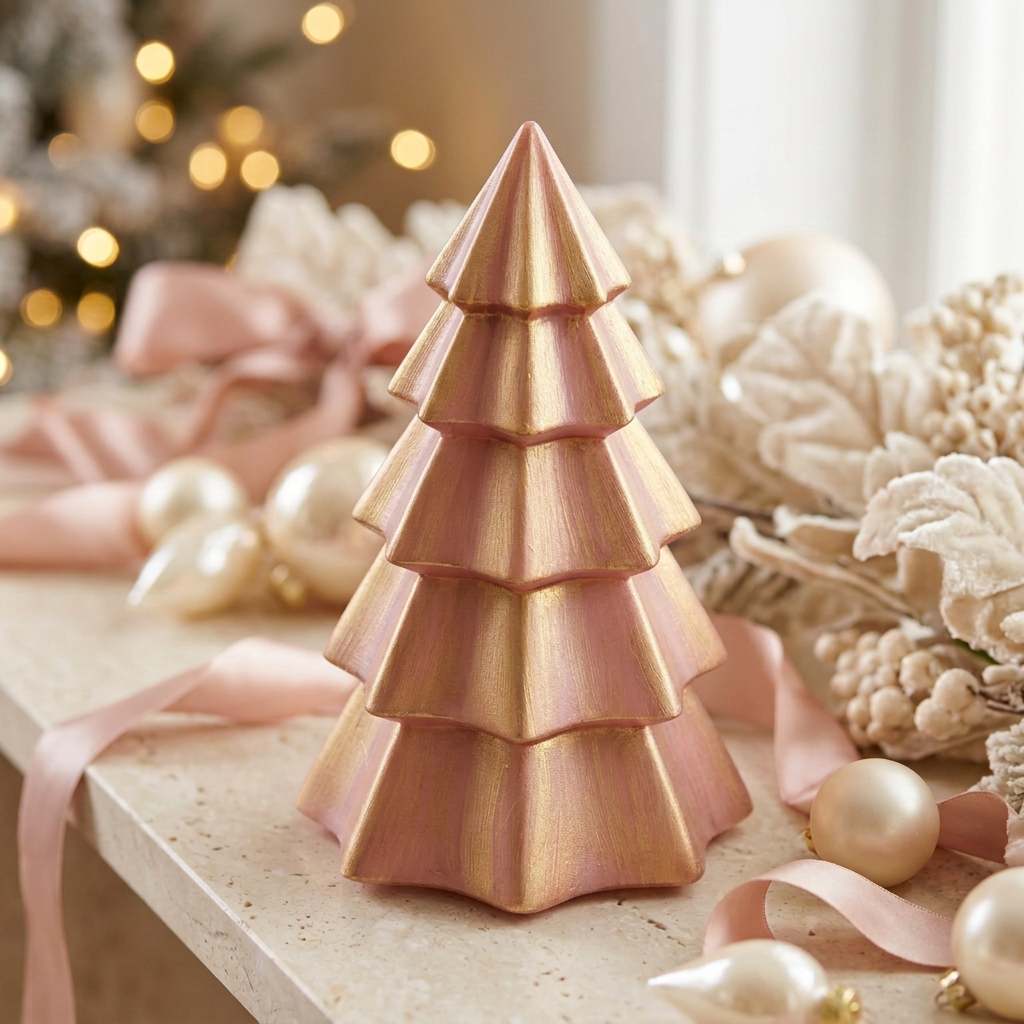 Christmas tree candle with stronger rosy blush undertones and a brushed gold overlay