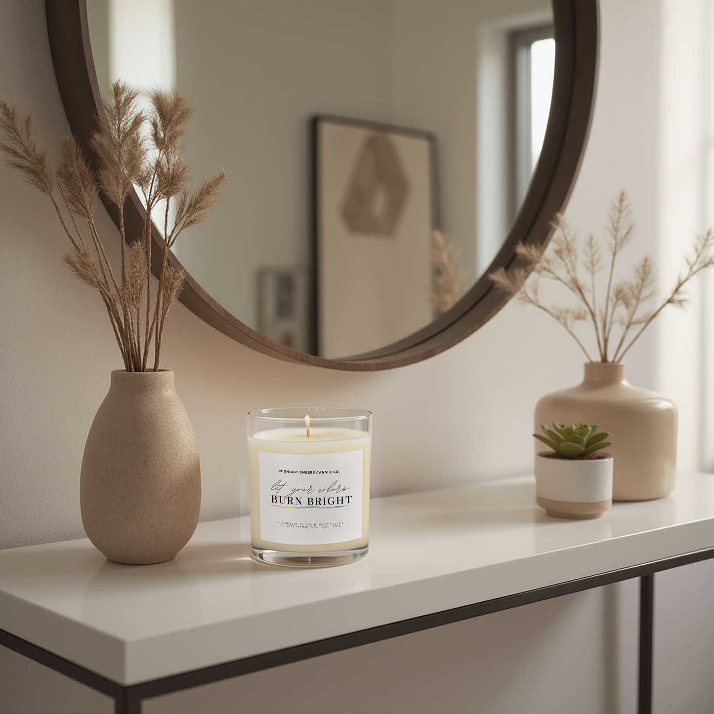 Candle with 'Burn Bright' label on a shelf with decorative items