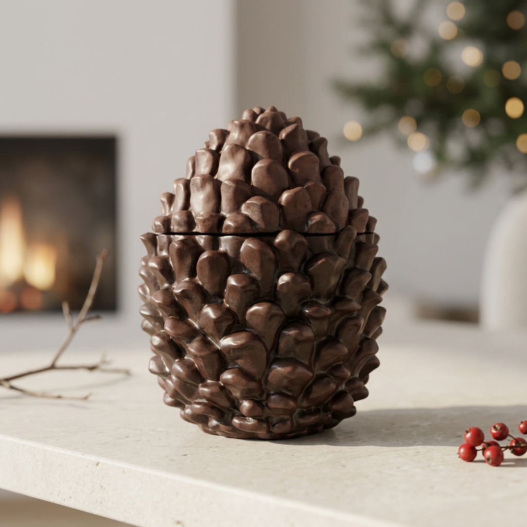 Espresso Pinecone Candle in a cozy winter editorial setting