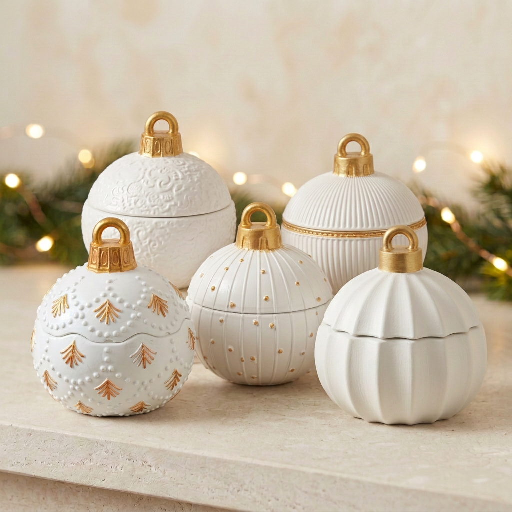 Five white and gold vintage bauble candles without ribbons