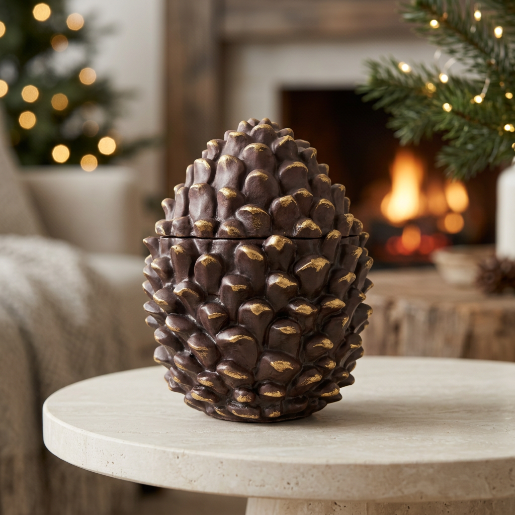 Gilded Espresso Pinecone Candle with antique gold highlights