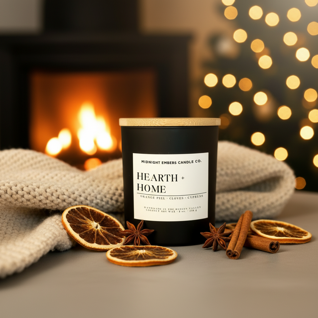 Candle labeled 'Hearth + Home' with decorative elements on a table in front of a fireplace.