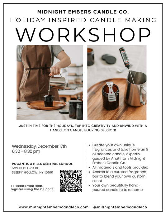 Advertisement for a candle making workshop by Midnight Embers Candle Co. with text and images of a person pouring wax and candle materials.
