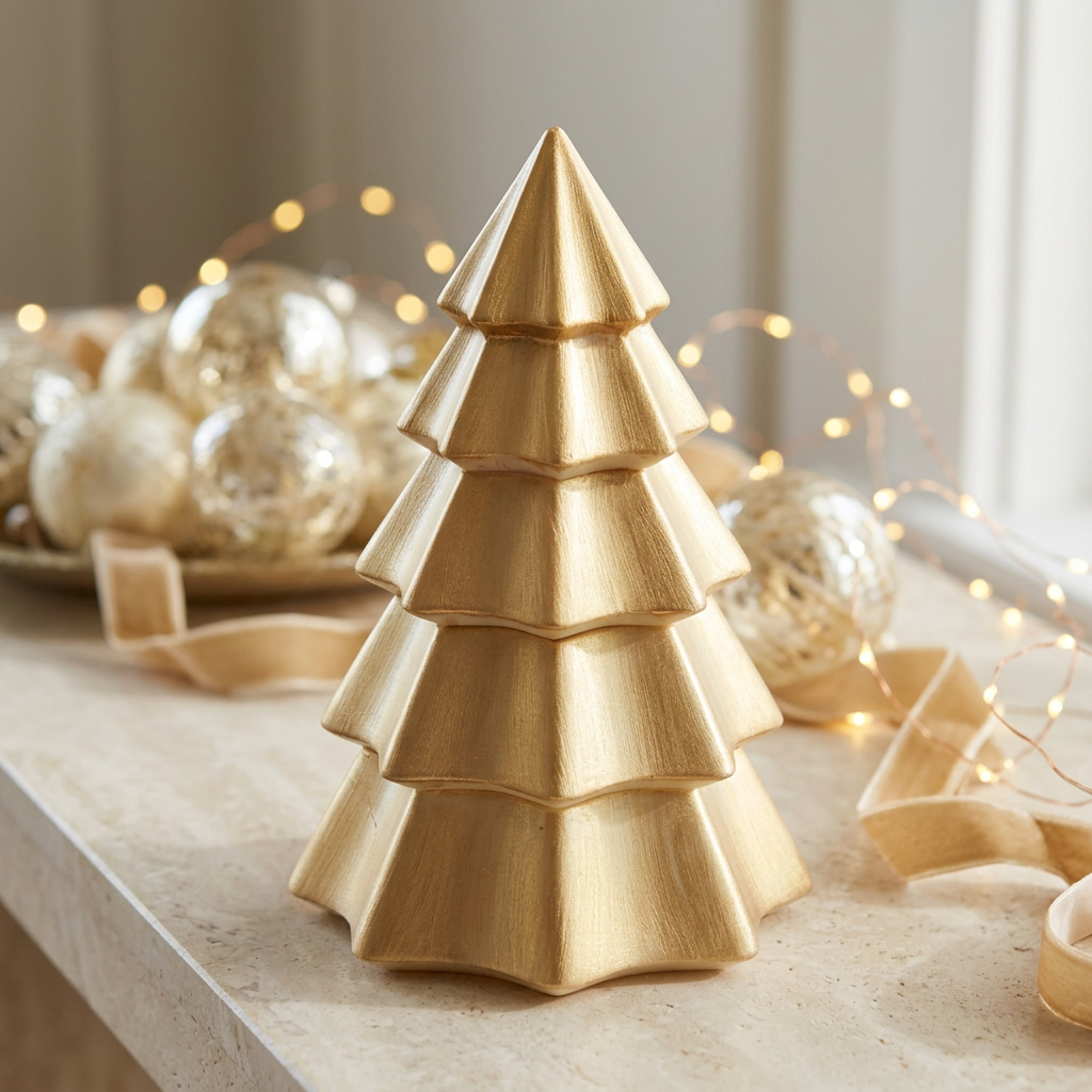 Ivory Christmas tree candle with a brushed gold overlay