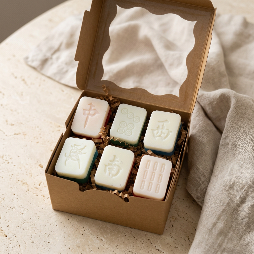 Mahjong tile soaps in a bright neutral editorial setting
