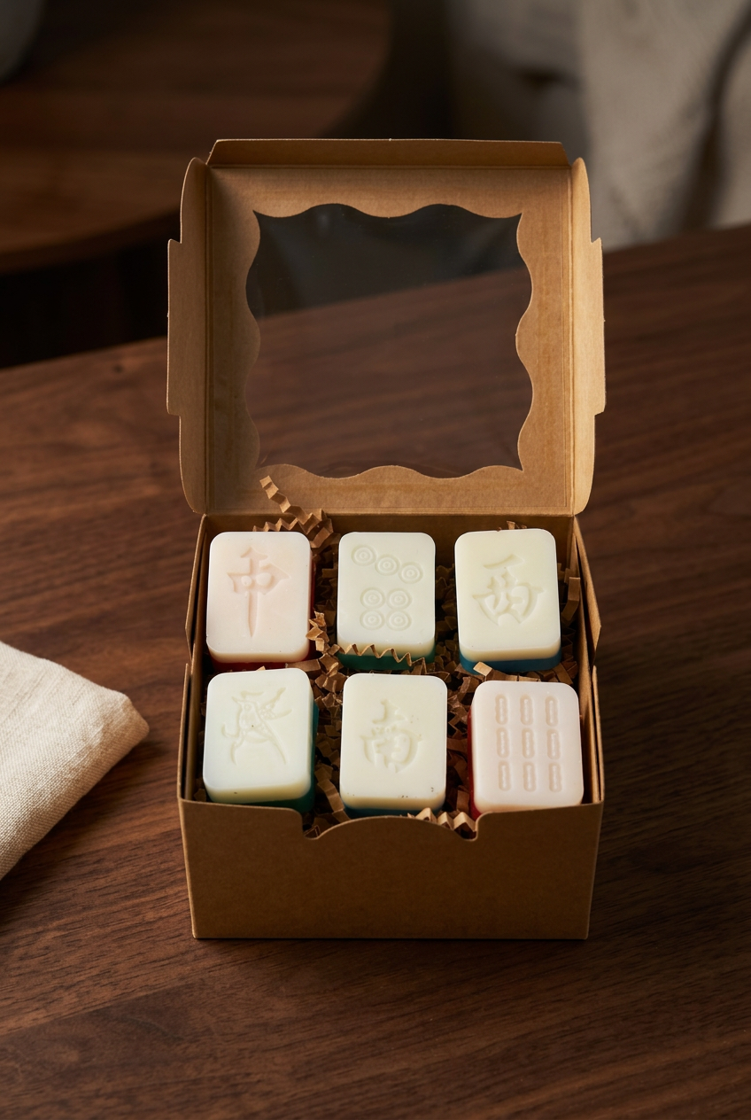Mahjong tile soaps in a warm walnut editorial setting