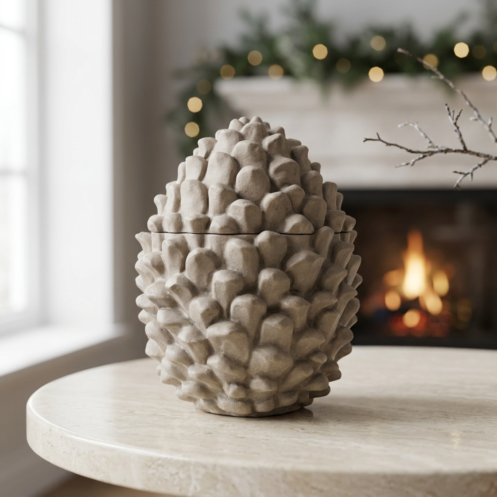 Natural Stone Pinecone Candle in an elegant winter setting
