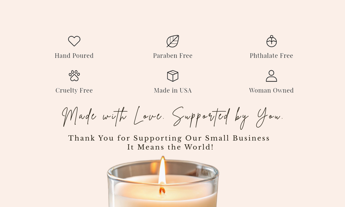 Candle with certification icons and text on a white background