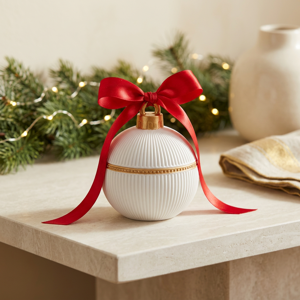 Ribbed white vintage bauble candle with red ribbon