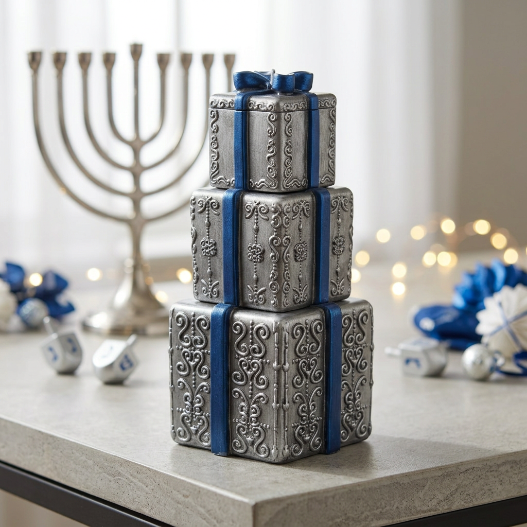 Silver and sapphire blue stackable gift box candle in a Hanukkah setting
