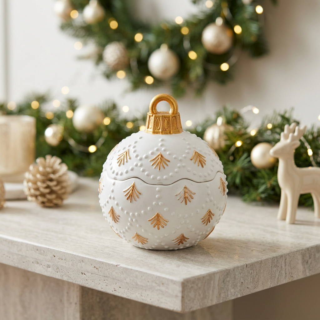White vintage bauble candle with gold tree motifs